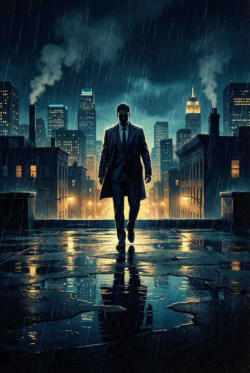 淫荡老师 出品影片《雨夜独行者》海报，雨中城市屋顶男性剪影